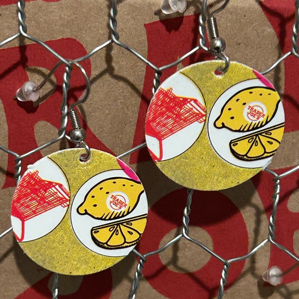 Trader Joe’s earrings circle with mini stickers logo recycled gift card